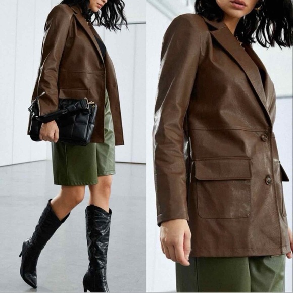 OVERSIZED  FAUX LEATHER BLAZER IN BROWN - Picture 6 of 11